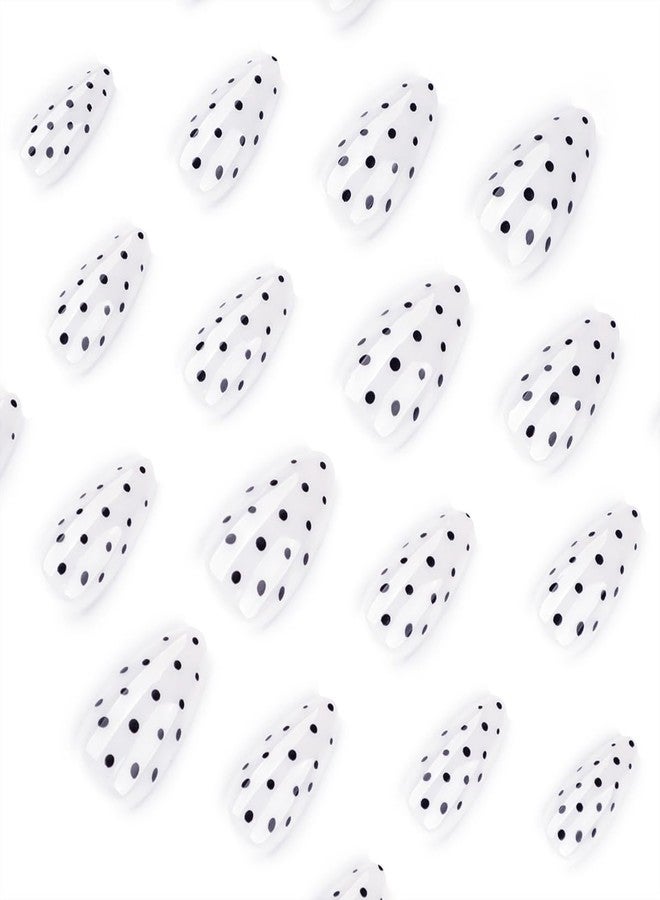 OSTTMA 24Pcs Polka Dot Press On Nails Almond Shape Fake Nails for Women, Glossy Acrylic Nail with Black Dots Design, Medium Length Glue On Nails Reusable Stick on Nail for Daily Wear Party - Image 2